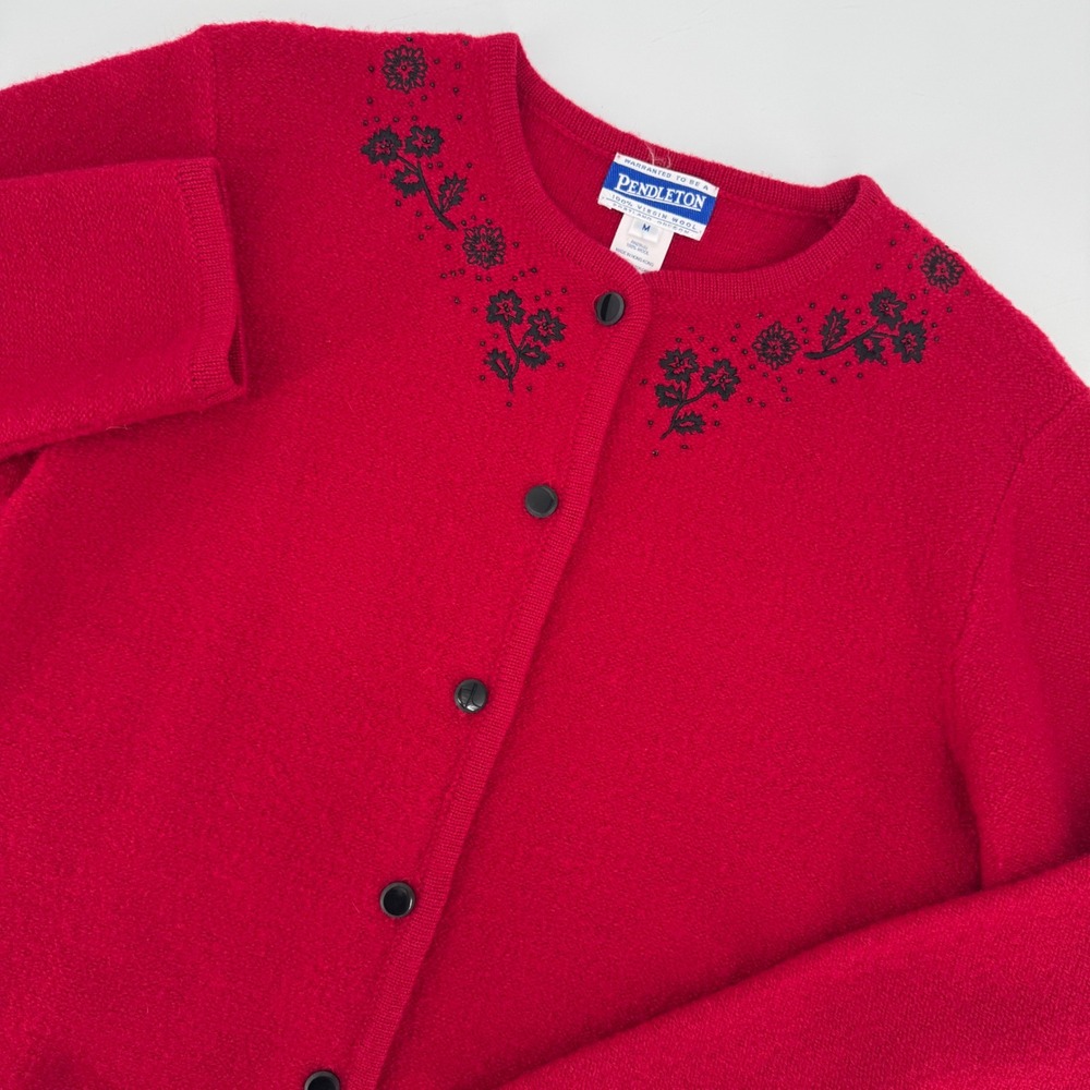 Pendleton Red 100% Virgin Wool Floral Embroidered Button Cardigan Sweater Mens M